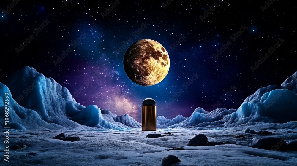 Futuristic Moon Landscape with Golden Cylinder and Full Moon Futuristic Moon Landscape with Golden Cylinder and Full Moon