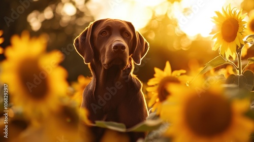 Fototapeta Naklejka Na Ścianę i Meble -  Labrador dog standing amidst sunflowers glowing in warm sunlight