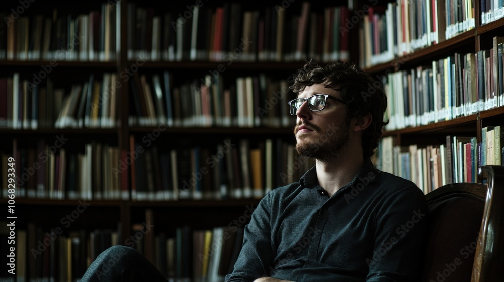 man with glasses sitting in a dark library among shelves of books man with glasses sitting in a dark library among shelves of books