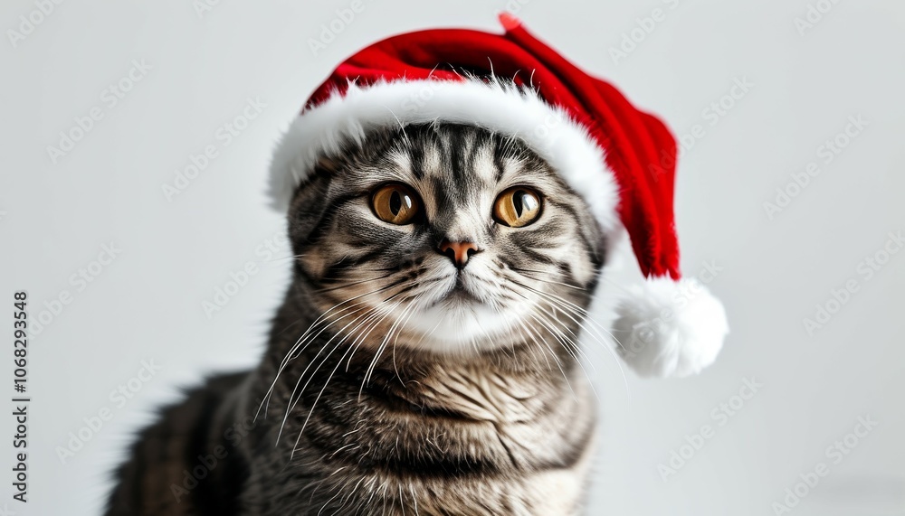grey-smoky cat in a red Christmas hat on a white background grey-smoky cat in a red Christmas hat on a white background