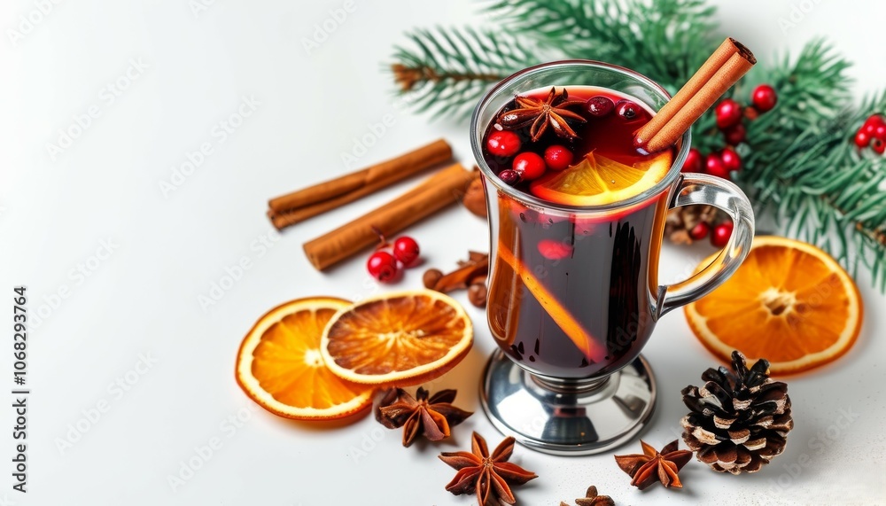 red Christmas drink mulled wine in a cup with a stick of cinnamon and a slice of orange, on a New Year's background red Christmas drink mulled wine in a cup with a stick of cinnamon and a slice of orange, on a New Year's background