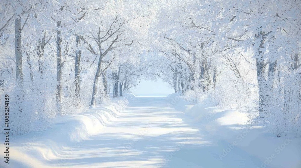 Naklejka premium Tranquil Winter Wonderland: Snow-Covered Trees with Intricate Ice Crystals Creating a Serene Landscape