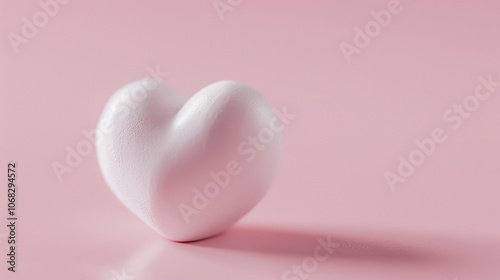 A white heart-shaped object stands on a soft pink surface, casting a subtle shadow.