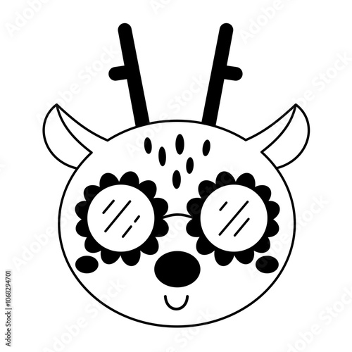 Black and white retro groovy deer face clipart. Cute seosonal character. Hand draw vector illustration in flat style	
 photo