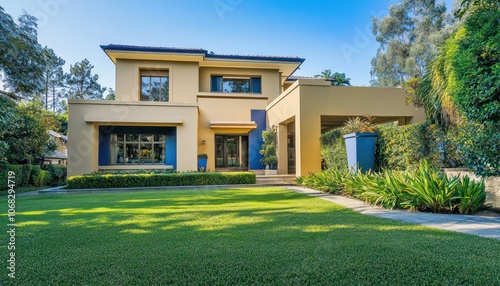 Stylish Sydney residence with beige walls, blue accents, and a verdant lawn.