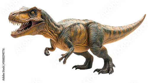 A realistic Tyrannosaurus rex figurine, detailed with textured scales and sharp teeth, giving an intense, lifelike appearance on a transparent background