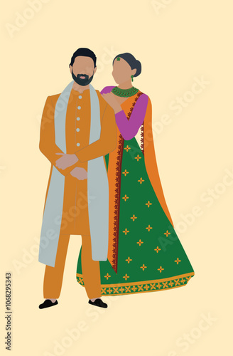 Indian wedding couple illustration for save the date, mehndi or Haldi invitation