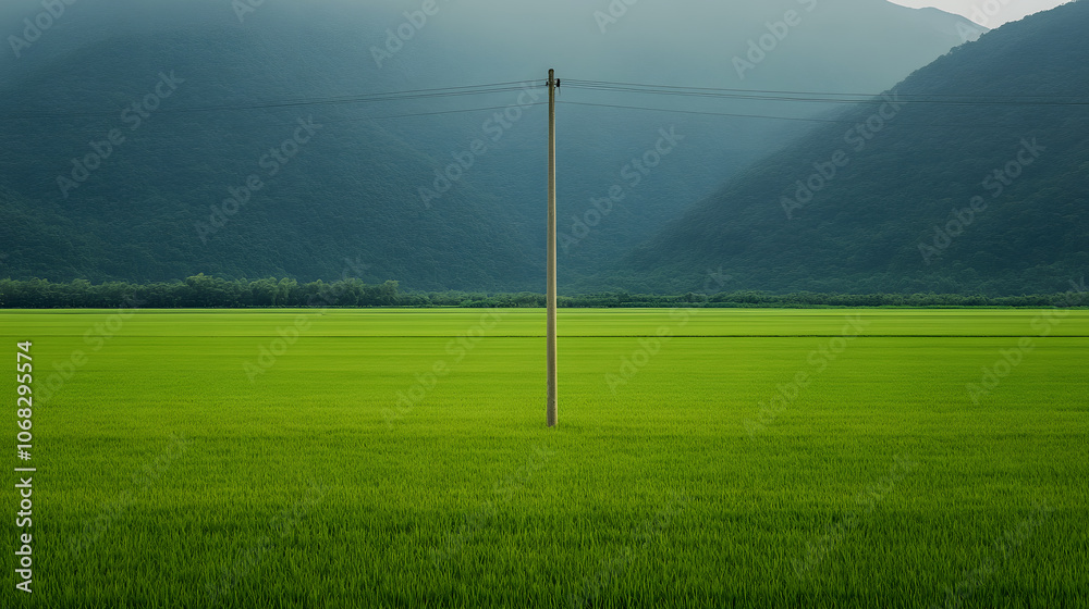 Obraz premium Vast Green Rice Field with Telephone Pole Against a Clear Sky – Rural Landscape, Agricultural Scene, and Natural Beauty