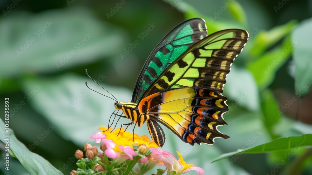 Fototapeta premium Macro Shot of Colorful Butterfly on Vibrant Flower in Lush Forest - Ultra-Detailed Nature Background