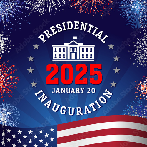 2025 US Presidential Inauguration Day, emblem and fireworks. Editable web banner for Presidential Inauguration in USA January 20, 2025. Vector illustration