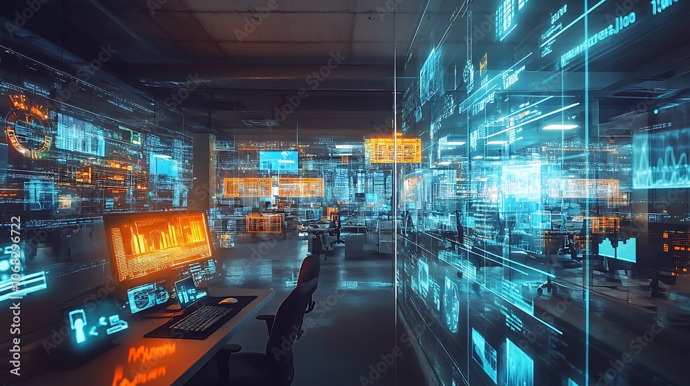 A Futuristic Office Space Filled with Digital Data Displays A Futuristic Office Space Filled with Digital Data Displays