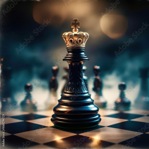 A black chess piece with a crown on top is the only piece on the board photo