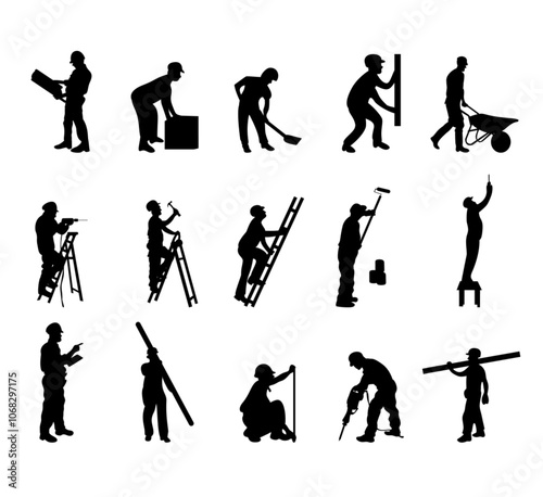 construction worker at work in different poses with tools silhouettes