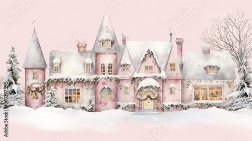 Twilight falls on a pink house decorated with christmas lights and surrounded by a snowy landscape