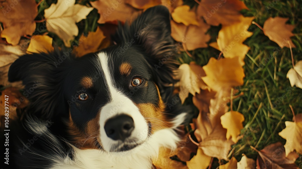 dog lying on grass surrounded by autumn leaves dog lying on grass surrounded by autumn leaves