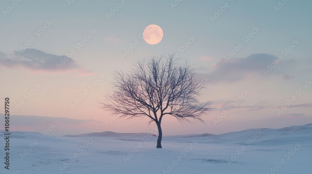 A single bare tree standing in an open snowy field under a soft gradient winter solstice sky creating a simple and tranquil scene A single bare tree standing in an open snowy field under a soft gradient winter solstice sky creating a simple and tranquil scene