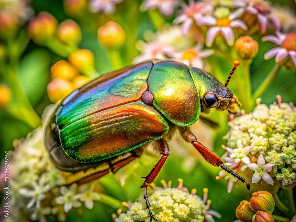 Captivating Summer Chafer: A Minimalist Close-Up of the European June Beetle on Delicate Green Leaves and Vibrant Flowers in a Serene Nature Setting Captivating Summer Chafer: A Minimalist Close-Up of the European June Beetle on Delicate Green Leaves and Vibrant Flowers in a Serene Nature Setting