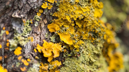 Vibrant Close-Up of Colorful Lichen on Tree Trunk in Biodiverse Forest Environment photo