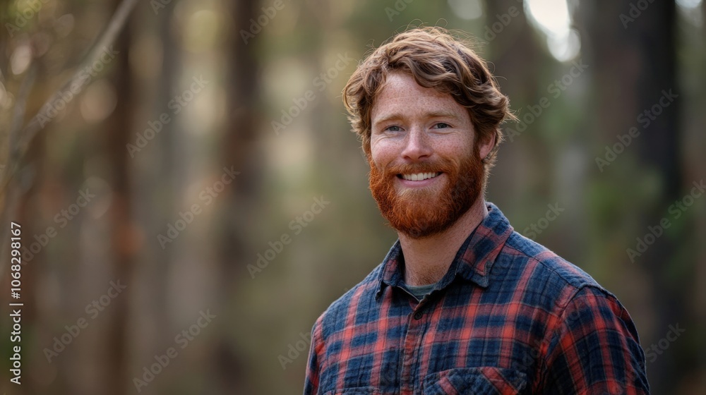 happy man with a red beard in a plaid shirt, smiling in a forest setting happy man with a red beard in a plaid shirt, smiling in a forest setting