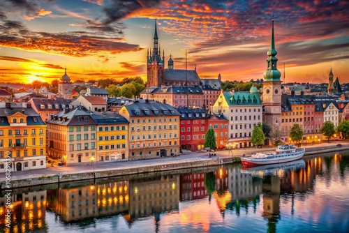 Captivating Sunset Over Historical Buildings in Old Town Stockholm, Sweden, Showcasing Architectural Beauty and Warm Colors of a Serene Evening Skyline