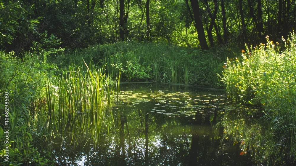 Tranquil Forest Pond: Serene Ecosystem Harmony in Ultra-Detailed Photograph Tranquil Forest Pond: Serene Ecosystem Harmony in Ultra-Detailed Photograph