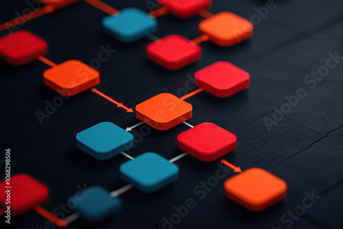 Flowchart illustrating inventory management process with colorful blocks. design features red, blue, and orange shapes connected by lines, showcasing structured approach to organization and decision