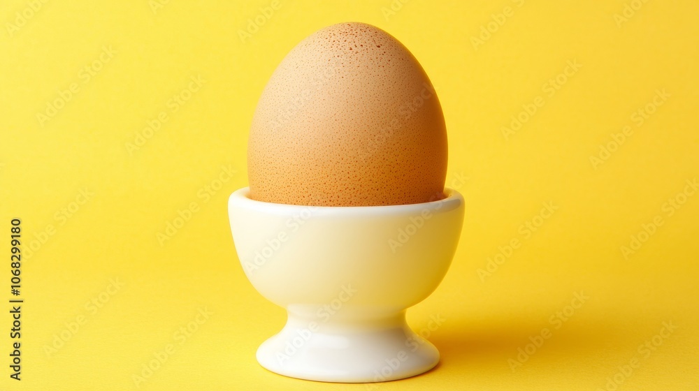 Isolated Egg in a White Egg Cup on Yellow Background Isolated Egg in a White Egg Cup on Yellow Background
