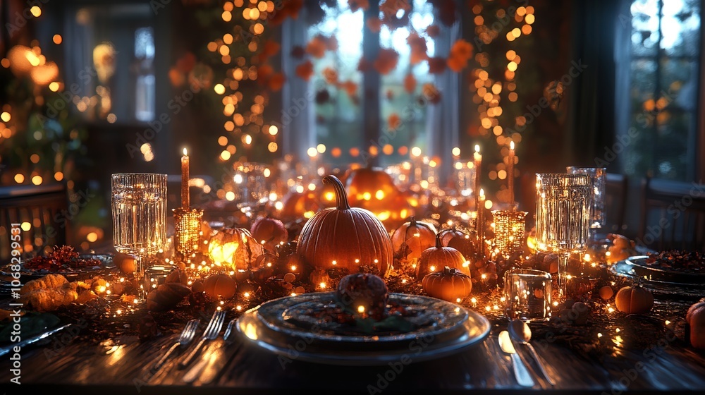 Thanksgiving feast with glowing digital table settings Thanksgiving feast with glowing digital table settings