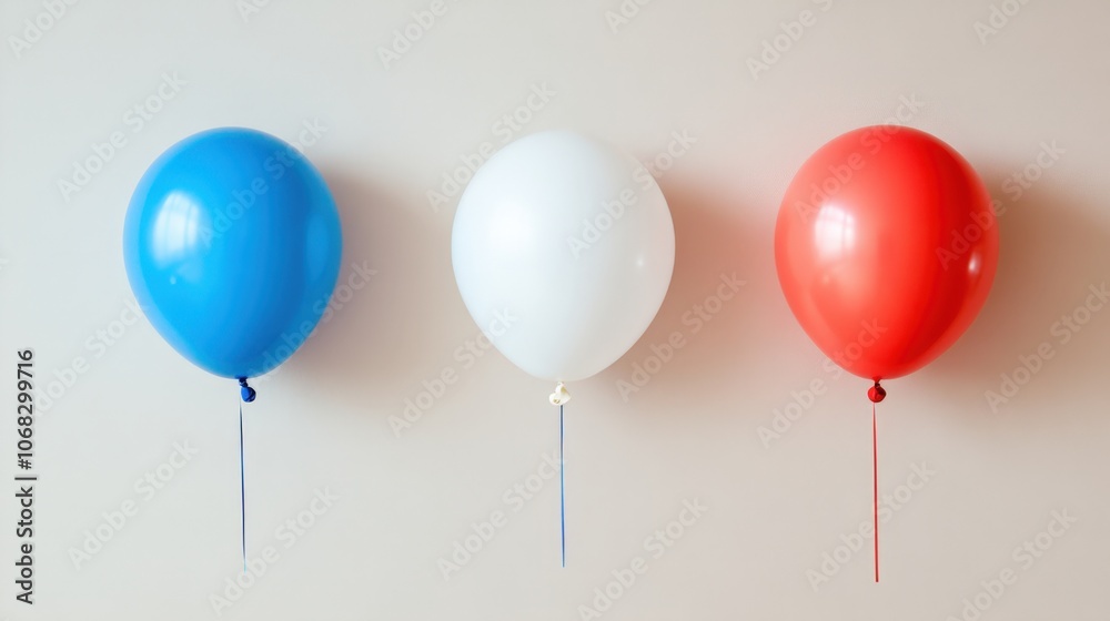 Red, white, and blue balloons in close-up, simple and minimal composition