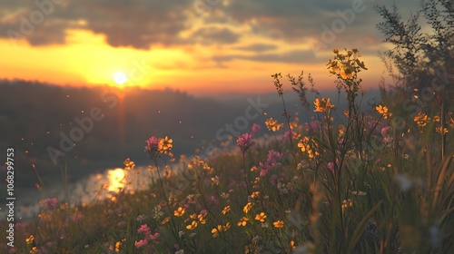 Glowing Meadow Flowers at Enchanting Sunset Landscape
