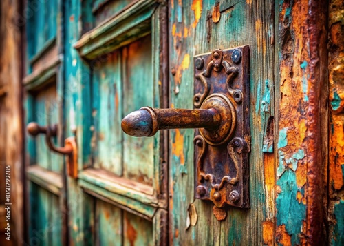 Captivating Tilt-Shift Photography of an Old Door Handle with Intricate Details and Vintage Charm, Showcasing the Beauty of Weathered Wood and Rusty Metal Elements