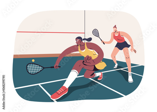 Squash game on court. Women playing with racket and ball, active sport. Femal...