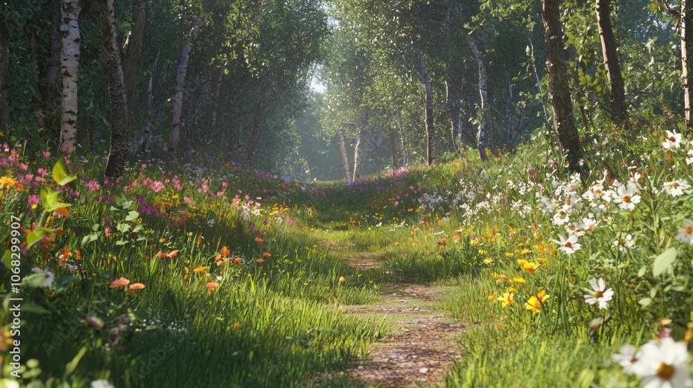 Serene Forest Path through Vibrant Wildflower Meadow - Tranquil Nature Exploration in Ultra-Detailed Capture Serene Forest Path through Vibrant Wildflower Meadow - Tranquil Nature Exploration in Ultra-Detailed Capture