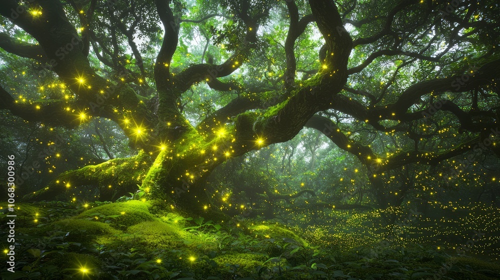 Fototapeta premium Enchanted Forest: Ancient Trees with Twisty Branches Illuminated by Fireflies at Twilight