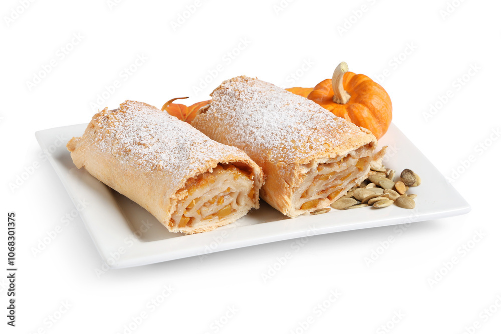 Plate with tasty pumpkin strudel and seeds on white background Plate with tasty pumpkin strudel and seeds on white background