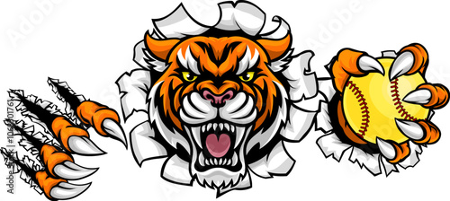 A tiger animal softball sports team cartoon mascot