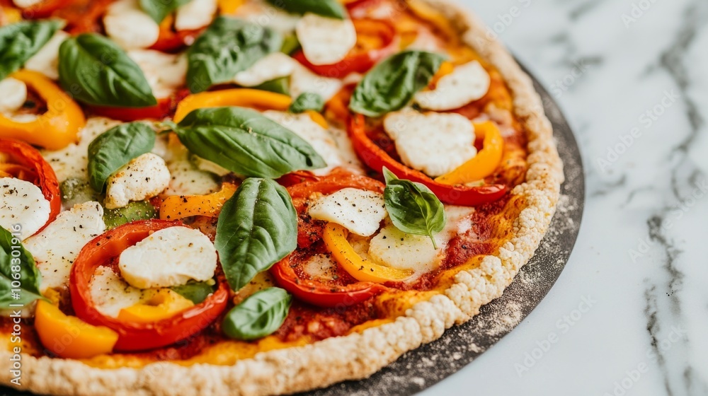 Vibrant Homemade Pizza with Fresh Basil, Colorful Peppers, and Melted Cheese on a Rustic Marble Surface Vibrant Homemade Pizza with Fresh Basil, Colorful Peppers, and Melted Cheese on a Rustic Marble Surface