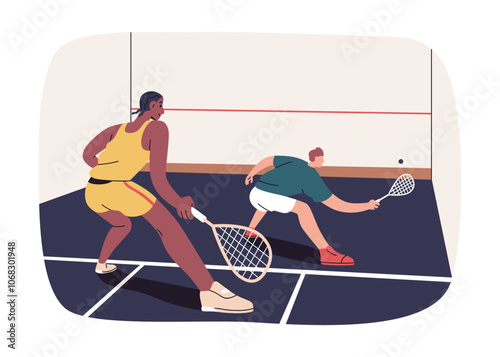 Squash game on court. Athlete players holding rackets, hitting ball against wall. Sport activity, partners playing, training raquetball in gym. Flat vector illustration isolated on white background