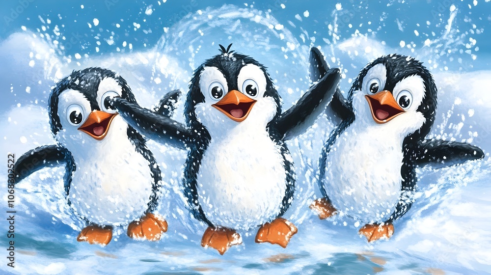 Fototapeta premium Playful Cartoon Penguins Frolicking in Snowy Winter Pond