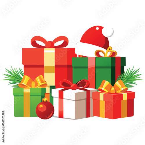 a pile of Christmas presents. There are several gift boxes of different sizes and colors