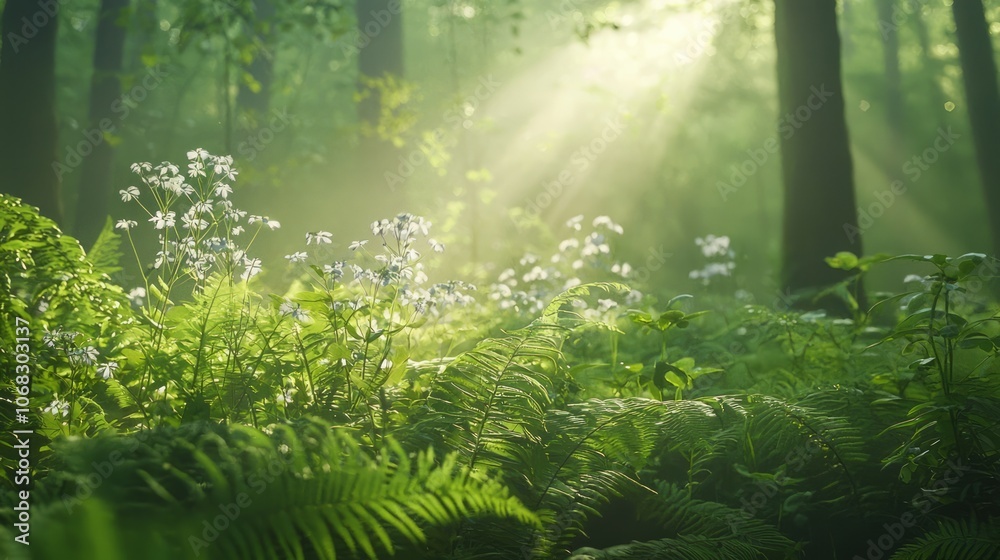 Fototapeta premium Serene Dawn at Tranquil Forest Glade - Ultra-Detailed Nature Photography with Delicate Wildflowers and Lush Ferns