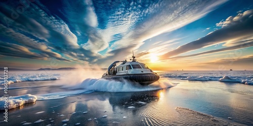 Stunning Architectural Photography of a Hovercraft with Propeller Cruising Over a Frozen Landscape, Capturing the Unique Design and Technology in a Winter Wonderland Setting photo