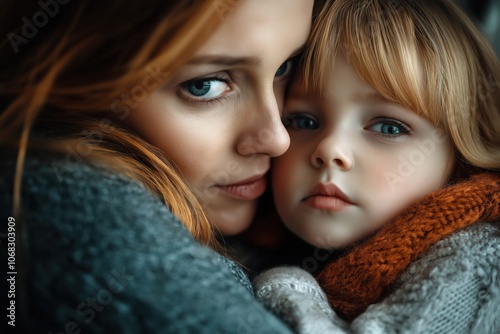 Minimalistic portrait of a mother embracing child for emotional connection and family bonding themes