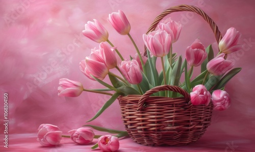 Basket of pink tulip flowers on a pink spring background