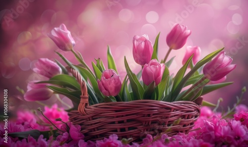 Basket of pink tulip flowers on a pink spring background