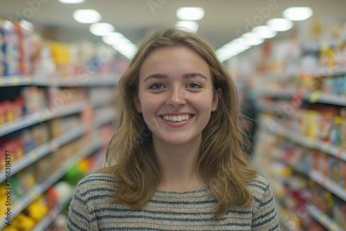 Minimalistic portrait of smiling woman in grocery aisle for retail and lifestyle design