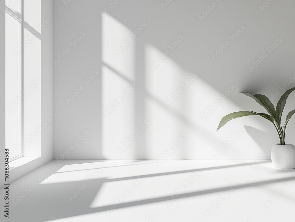 Obraz premium Clean white background with soft natural shadows, slightly textured to create depth, ideal for showcasing products or text overlays in a minimal design.