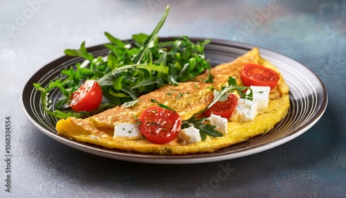 Omelette with tomatoes, arugula and soft cheese