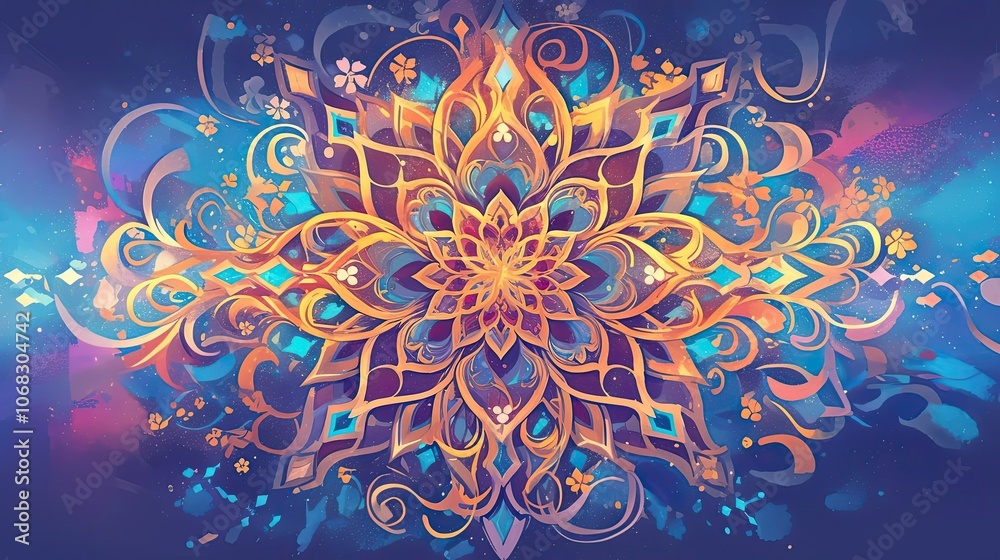 An Abstract Mandala with Delicate Floral Details and Watercolor Splashes An Abstract Mandala with Delicate Floral Details and Watercolor Splashes