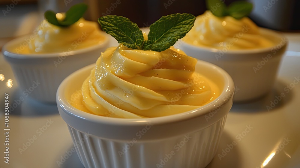 Swirled Creamy Dessert Topped with Mint in a White Bowl Swirled Creamy Dessert Topped with Mint in a White Bowl